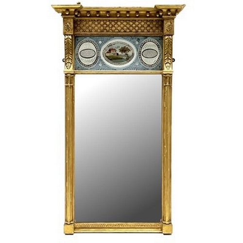 1036 - A Regency giltwood pier glass, circa 1820, projecting cornice, basket lattice and verre eglomise fri... 