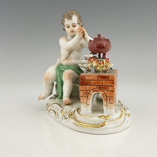 152 - A Meissen allegorical figure of Fire, modelled as a putto making hot chocolate, on gilt highlighted ... 