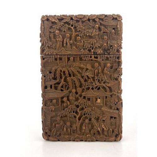 153 - A Chinese carved wood cardcase, modelled in relief with an extensive populated garden landscape of t... 