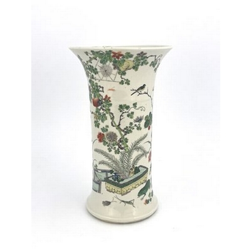 157 - A Chinese famille verte vase, Qing dynasty, Kangxi mark and possibly of the period, Gu form painted ... 