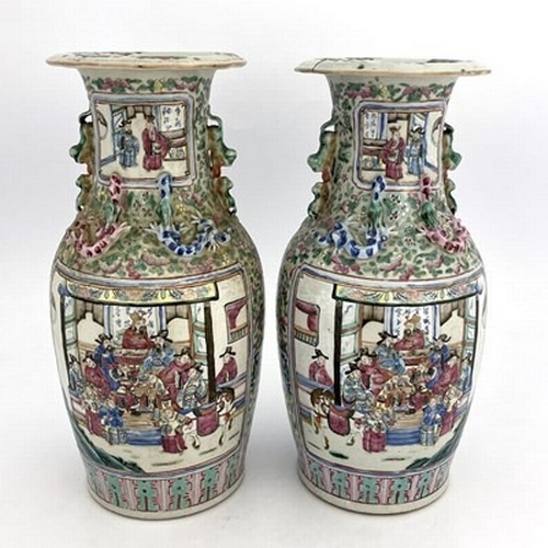 158 - A pair of Chinese famille rose vases, Canton 19th century, shouldered form with lizard moulded necks... 