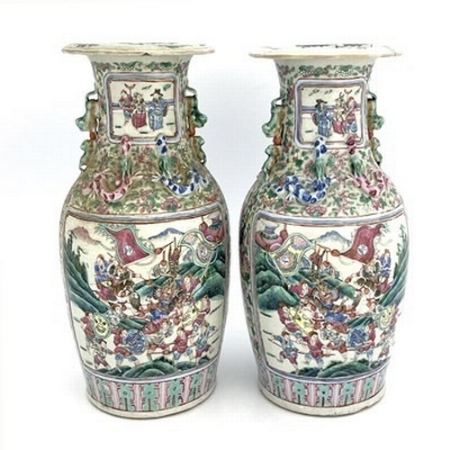 158 - A pair of Chinese famille rose vases, Canton 19th century, shouldered form with lizard moulded necks... 