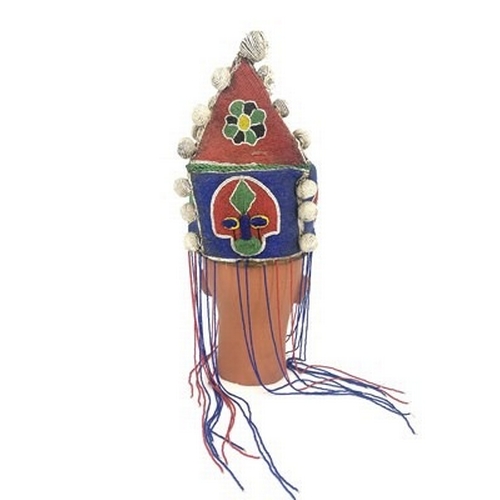 191 - An African tribal beaded headdress, pyramidal form with bobbles and tassels, 30cm high