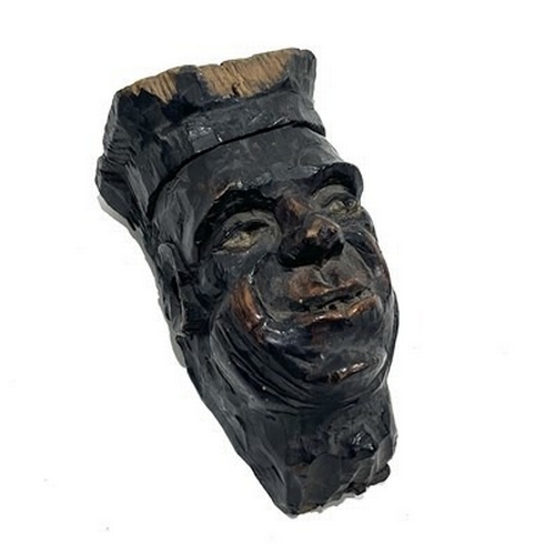 200 - An antique carved oak gargoyle mask capital of a grinning man, 17cm high, four 17th Century carved o... 