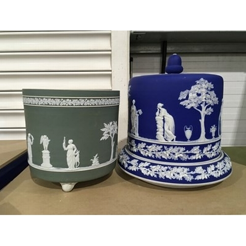 210 - A Ridgeway blue jasper ware cheese dome and stand, sprigged decorated with classical figures and aco... 