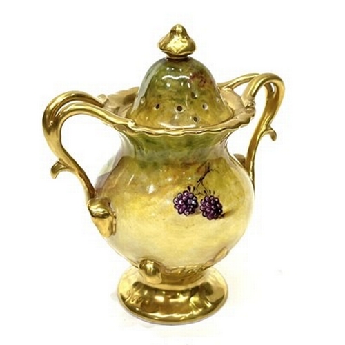 255 - A Coalport fruit painted and gilt twin-handled potpourri jar and cover, signed N. Lear, 14cm high