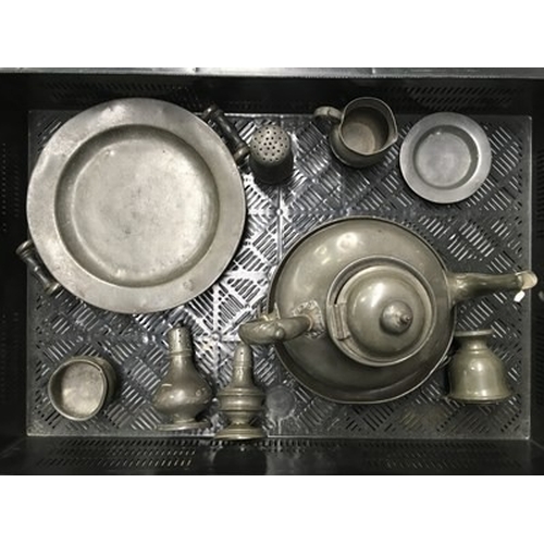 26 - A collection of 18th century and later pewter including shakers, salts, chargers etc., some marked