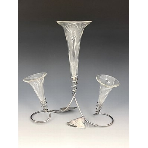 260 - An Arts and Crafts silver plated and glass epergne, the wire stand in the form of an ivy vine with c... 