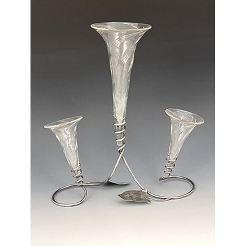 260 - An Arts and Crafts silver plated and glass epergne, the wire stand in the form of an ivy vine with c... 