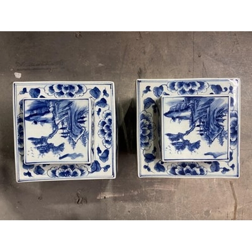 262 - Pair of Chinese Kangxi style blue and white ginger jars and covers, square form, painted figures and... 