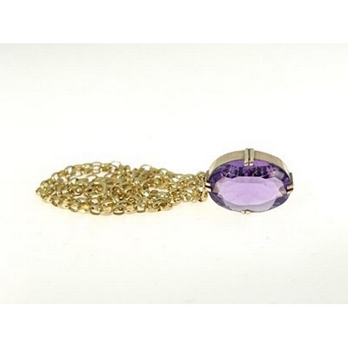 347 - A 9ct gold amethyst single-stone pendant, suspended from a 9ct gold belcher-link chain, 7.3g