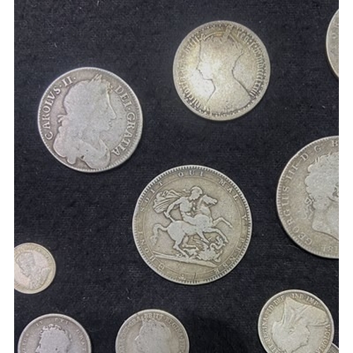 355 - A collection of British silver coinage, including Charles II, George III, Victoria, Edward VII; toge... 