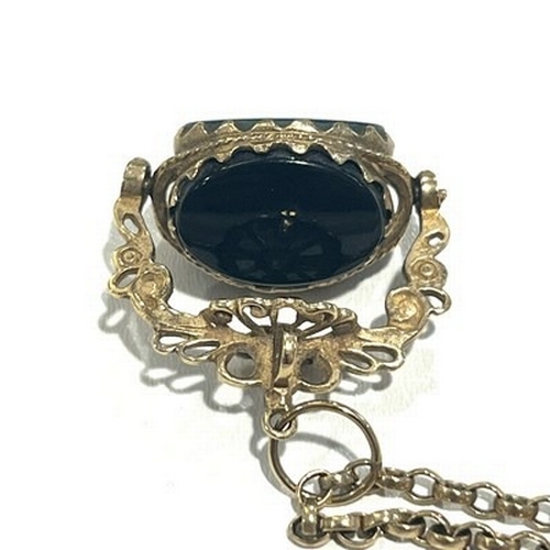 400 - A 9ct gold hardstone swivel fob, suspended from a 9ct gold belcher-link chain, total weight 11.5g