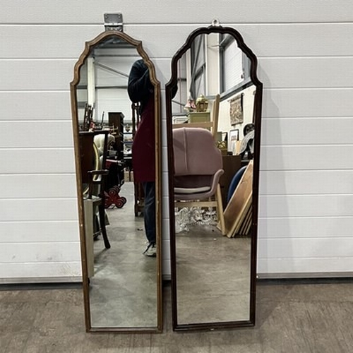 769 - Two converted cheval mirrors 33 x 128 cm, and 36 x 130 cm, together with a oval, gilt, bevelled edge... 