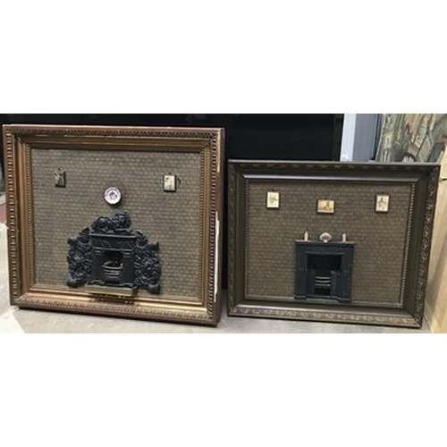 788 - Two fireplace diorama pictures, incorporating cast iron miniature fire surrounds and ornaments, fram... 