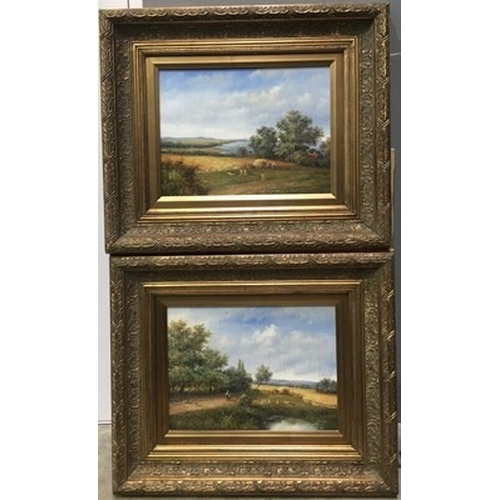 798 - 20th Century School, a pair of pastoral landscapes with harvesters, oil on board, 30 by 40cm, gilt f... 