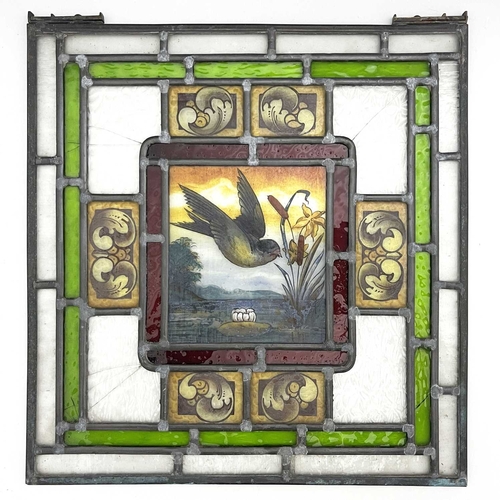 246 - Two Aesthetic Movement leaded glass panels, painted with birds in flight over wetlands, within conce... 