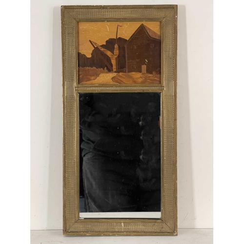 250 - A Rowley Gallery Arts & Crafts pier mirror, the top panel with a specimen marquetry mill scene, gilt... 