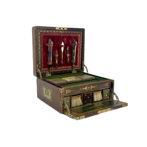 269 - A Victorian rosewood gentleman's toilet box or dressing box, circa 1860s, brass inlaid with fretted ... 