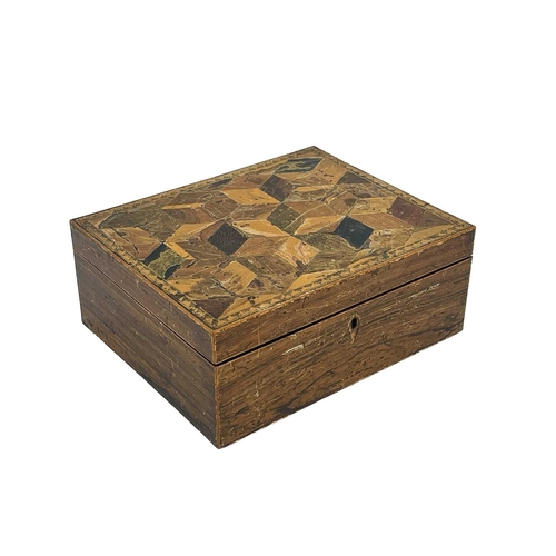 270 - A 19th century speciemn parquetry sewing box with extensive contents, including etched mother of pea... 