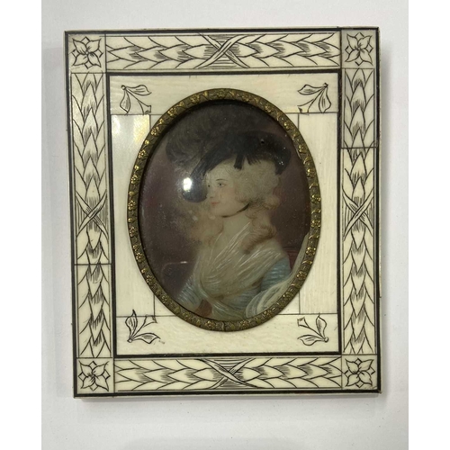 299 - An 18th century portrait miniature painted to depict a young bewigged woman with black ostrich feath... 