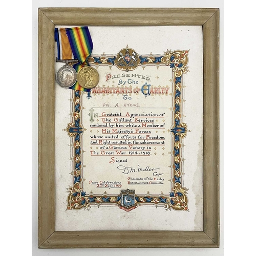 320 - A World War I medal pair with citation, DM2 - 168324 Pte A Atkins ASC