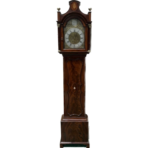 343 - Cliff of Hull, a George III flame mahogany and inlaid longcase clock, arched caddy top with brass ur... 