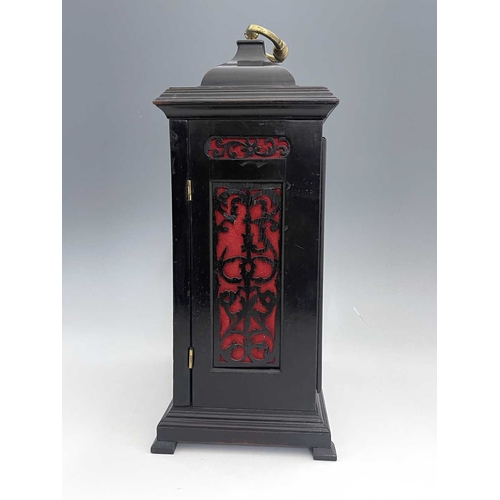 346 - John Clark, London, a George II ebonised bracket clock, caddy top with a brass swing handle, arched ... 