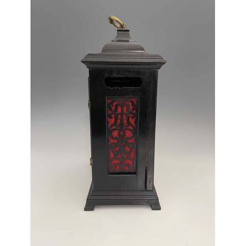 346 - John Clark, London, a George II ebonised bracket clock, caddy top with a brass swing handle, arched ... 