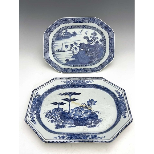 349 - Two Chinese export blue and white platters, each of elongated octagonal form, one with a Willow type... 