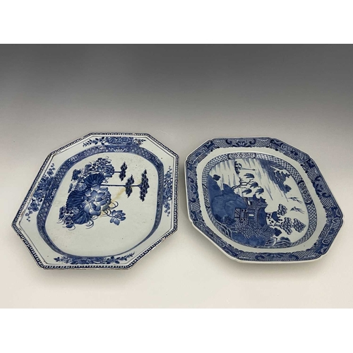 349 - Two Chinese export blue and white platters, each of elongated octagonal form, one with a Willow type... 