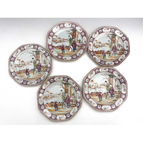 350 - A set of five Chinese famille rose plates, 18th century, octagonal form, painted in the Cantonese st... 