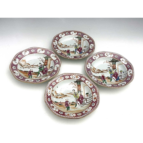 350 - A set of five Chinese famille rose plates, 18th century, octagonal form, painted in the Cantonese st... 