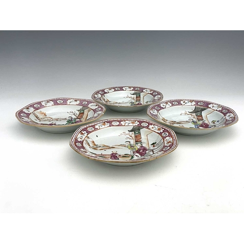 350 - A set of five Chinese famille rose plates, 18th century, octagonal form, painted in the Cantonese st... 