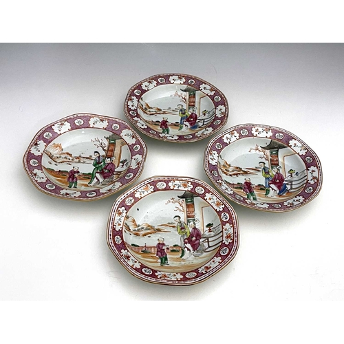 351 - A set of four Chinese famille rose soup plates, 18th century, octagonal form, painted in the Cantone... 