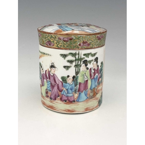 355 - A Chinese famille rose jar and cover or tea caddy, Canton, cylindical form, painted in the round wit... 