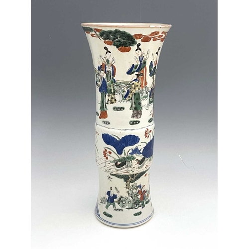 356 - A Chinese Doucai Gu vase, cylindrical flared form, painted in the round with three bands, scholarly ... 