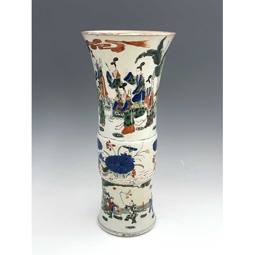 356 - A Chinese Doucai Gu vase, cylindrical flared form, painted in the round with three bands, scholarly ... 