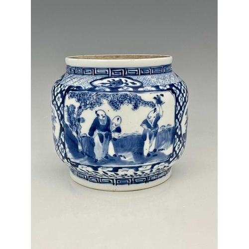 357 - A Chinese blue and white jar, Kangxi mark, shouldered cylindrical form, painted with panels of figur... 