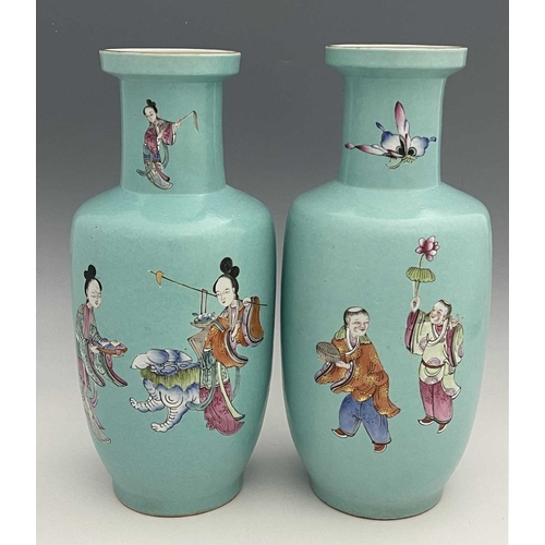 361 - A pair of Chinese turquoise ground vases, shouldered rolo form, painted with deity figures in polych... 