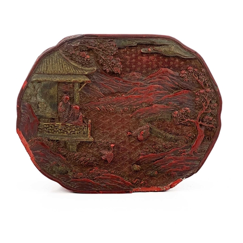 369 - A Chinese cinnabar lacquer box, ogee oval form, the lid carved in relief with a farmyard landscape s... 