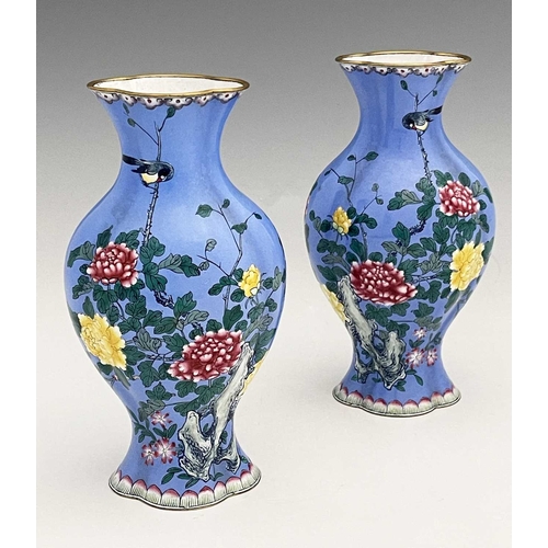 382 - A pair of Chinese famille rose enamelled metal vases, lobed baluster form, painted with naturalistic... 