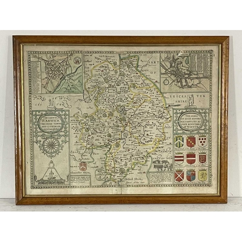 406 - John Speed (British, 1552-1629), The Counti of Warwick, coloured print, 38 by 51cm, framed