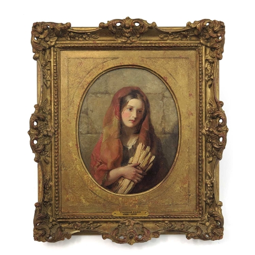 462 - Thomas Faed R.S.A. (Scottish, 1826-1900), A Highland Lass with Sticks, oval, oil on board, 19 by 15c... 