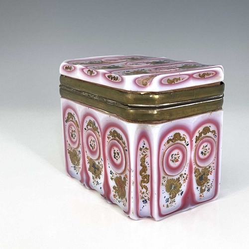 506 - An early 19th century Barfatan enamelled and cased opaline glass casket, French or Bohemian, cuboid ... 