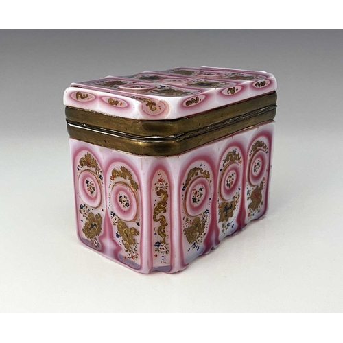 506 - An early 19th century Barfatan enamelled and cased opaline glass casket, French or Bohemian, cuboid ... 