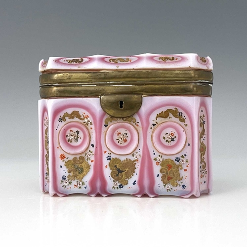 506 - An early 19th century Barfatan enamelled and cased opaline glass casket, French or Bohemian, cuboid ... 