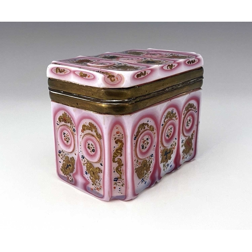 506 - An early 19th century Barfatan enamelled and cased opaline glass casket, French or Bohemian, cuboid ... 