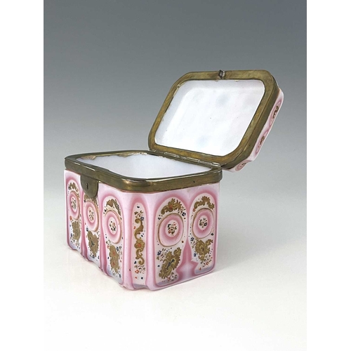 506 - An early 19th century Barfatan enamelled and cased opaline glass casket, French or Bohemian, cuboid ... 