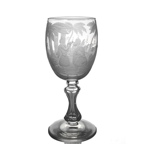 510 - A Stourbridge engraved glass goblet, probably Richardson circa 1840, the rounded bowl decorated with... 